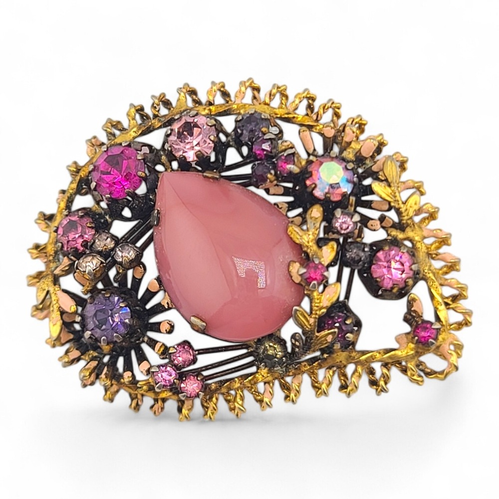 VINTAGE AUSTRIA PINK ART GLASS CABOCHON RHINESTONE BROOCH PIN Gold Tone Ornate
